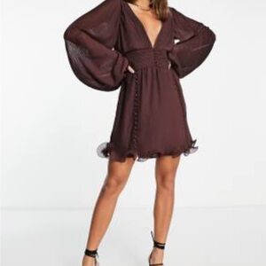 ASOS DESIGN pleat mini dress with button detail and frill hem in burgundy